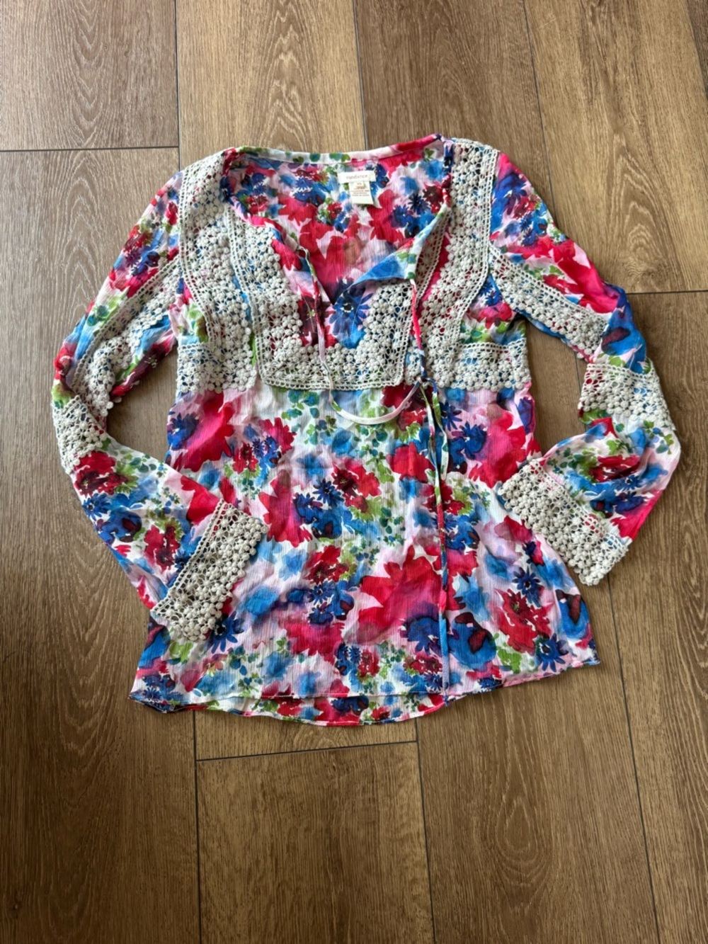 Sundance Floral Crochet-Trim Women's Long Sleeve Blouse Top - Pink Multi